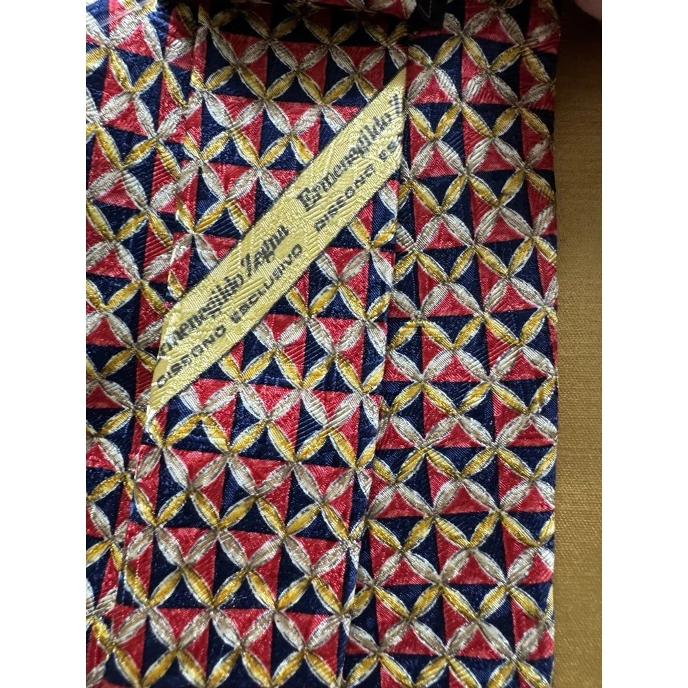 Ermenegildo‎ Zegna Red/Blue/Gold Geometric Silk Tie Italian Luxury Fashion